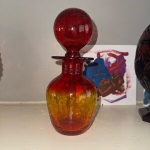 Vintage Blenko Amberina Bubble Stopper Decanter 8” crackle glass
